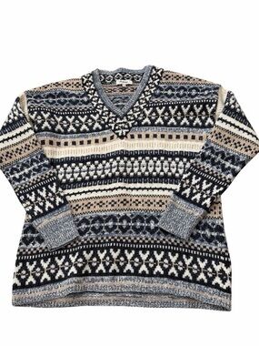 Madewell Women's V-Neck Fair Isle Sweater in Navy, Cream & Tan